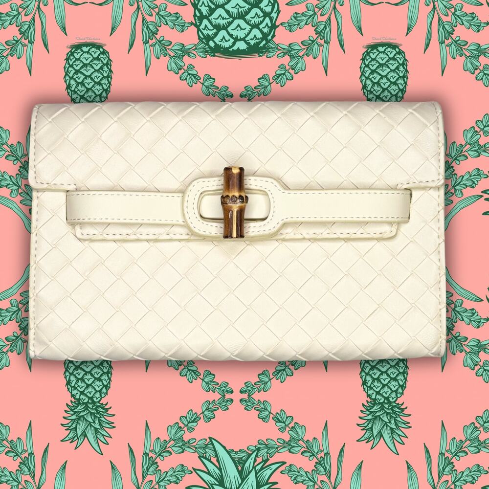 Broad Clutch | Cream Woven Vegan Leather with Bamboo Hardware